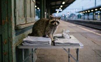 Merch für Künstler: Waschbär am Klapptisch mit gefalteten T-Shirts am Bahnsteig