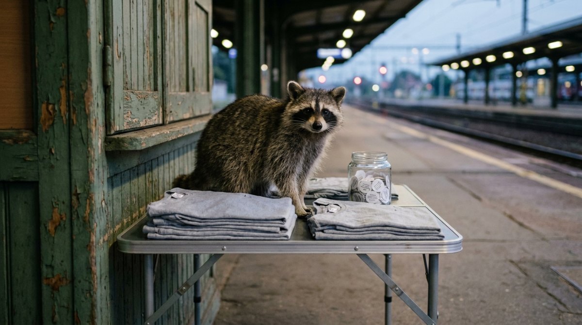 Merch für Künstler: Waschbär am Klapptisch mit gefalteten T-Shirts am Bahnsteig