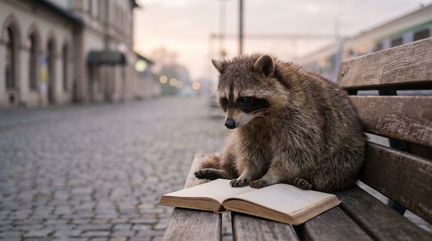 Ein Waschbär sitzt mit offenem Buch auf einer Bahnhofsbank und denkt nach