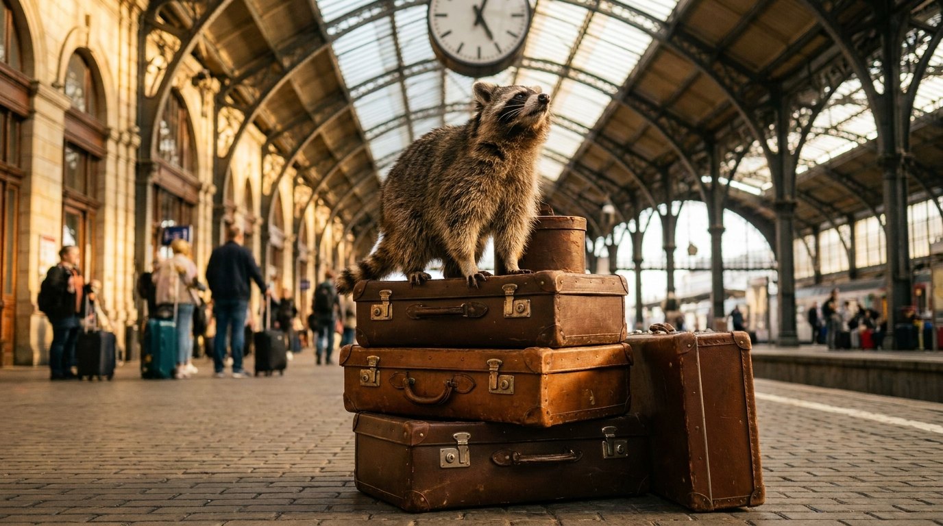 Ein Waschbär sitzt auf einem Berg aus Koffern in einer Bahnhofshalle