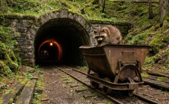Waschbär auf einer rostigen Lore vor einem alten Stollen – Metaphern bauen aus dem eigenen Vorrat