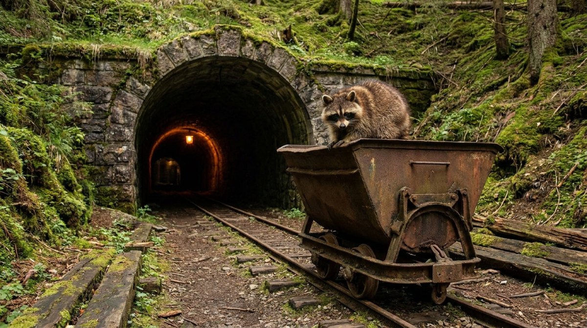 Waschbär auf einer rostigen Lore vor einem alten Stollen – Metaphern bauen aus dem eigenen Vorrat