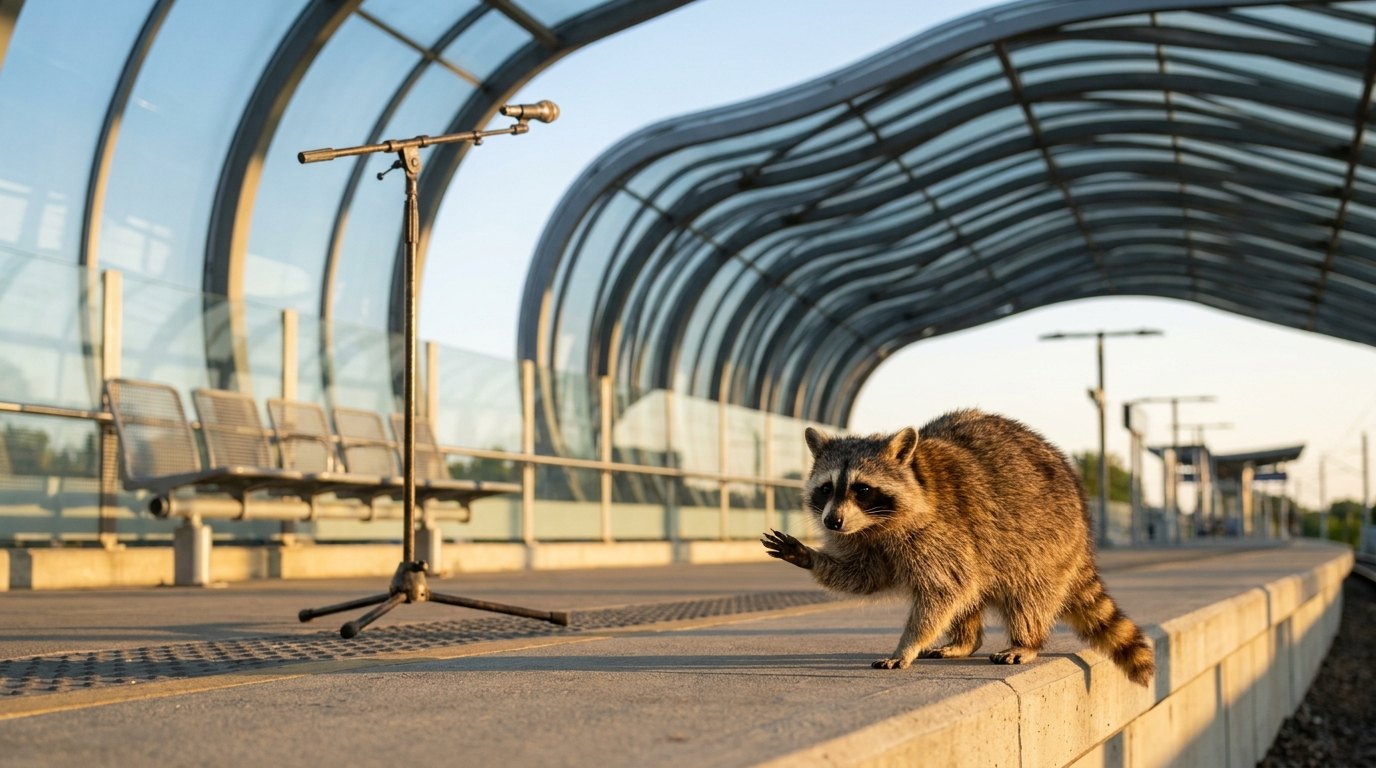 Ein Waschbär steht am Mikrofon auf einem modernen Wiener Bahnsteig mit geschwungenem Dach