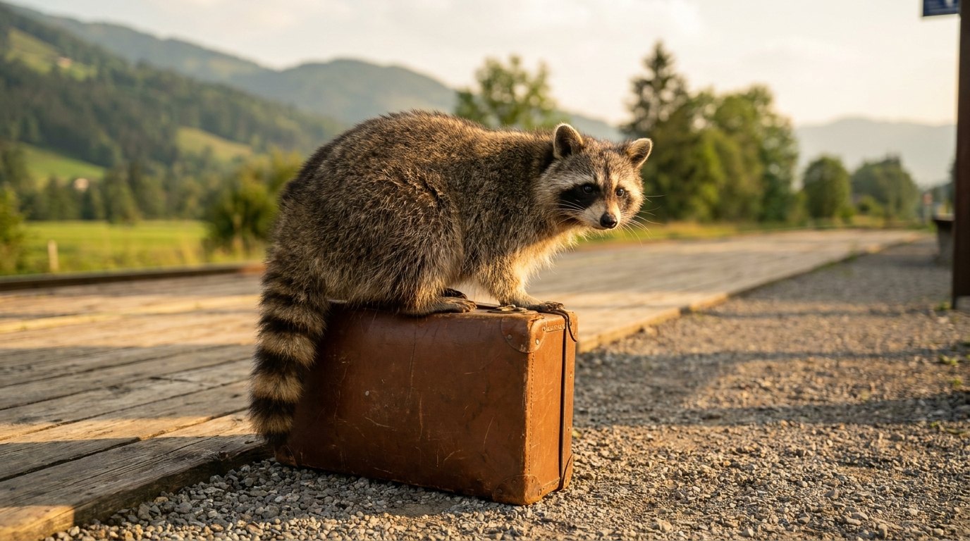 Ein Waschbär sitzt auf einem Vintage-Koffer auf einem österreichischen Bahnsteig mit Alpenhügeln im Hintergrund