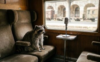 Mikrofon Technik Bühne: Waschbär im alten Zugabteil neben einem Vintage-Mikrofon, die beiden sitzen da wie ein Paar
