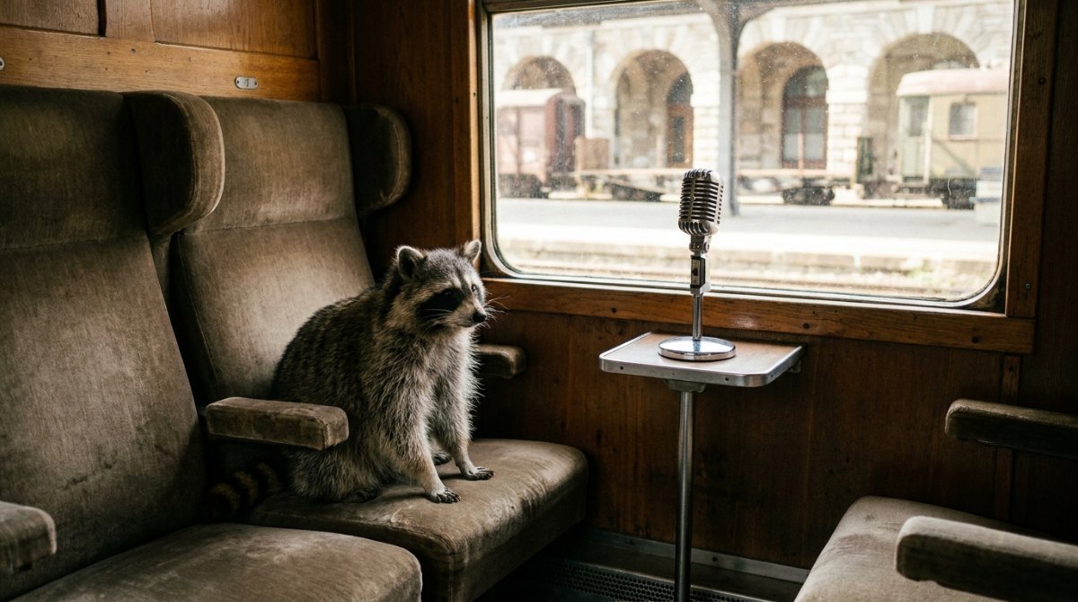 Mikrofon Technik Bühne: Waschbär im alten Zugabteil neben einem Vintage-Mikrofon, die beiden sitzen da wie ein Paar
