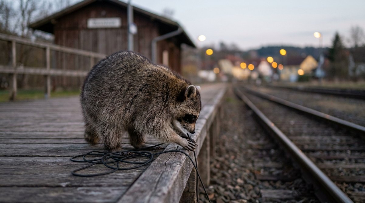 Mikrofon Technik Bühne: Waschbär entwirrt am Bahnsteig ein Mikrofonkabel