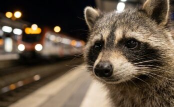 Mimik einsetzen: Nahaufnahme eines Waschbärgesichts auf dem nächtlichen Bahnsteig