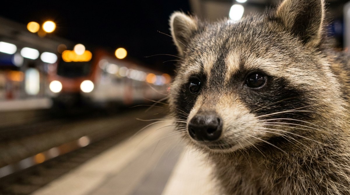Mimik einsetzen: Nahaufnahme eines Waschbärgesichts auf dem nächtlichen Bahnsteig