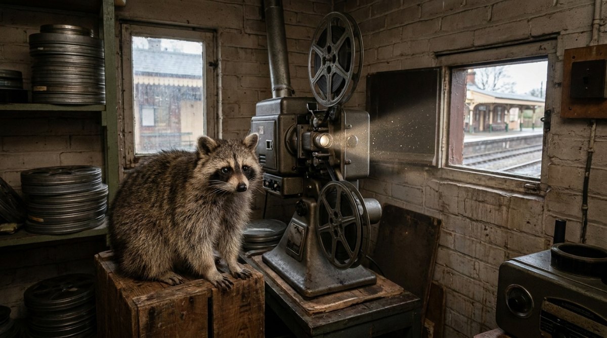Mimik einsetzen: Ein Waschbär neben einem alten Filmprojektor im Vorführraum eines Bahnhofskinos