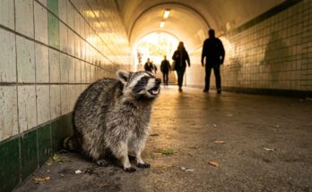 Waschbär ruft leise in einer gefliesten Bahnhofsunterführung – mit der Stimme berühren