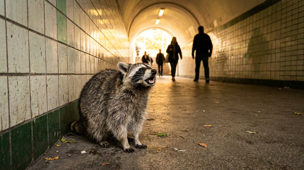 Waschbär ruft leise in einer gefliesten Bahnhofsunterführung – mit der Stimme berühren