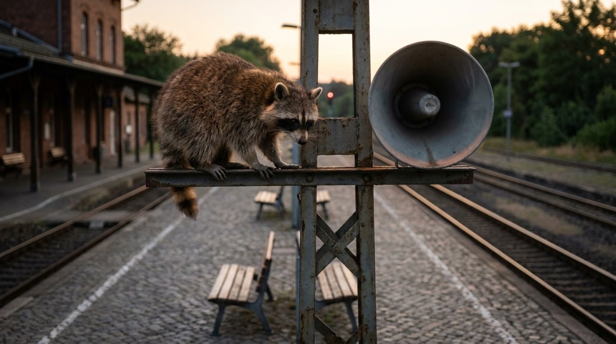 Waschbär neben einem alten Bahnsteiglautsprecher – mit der Stimme berühren statt beschallen