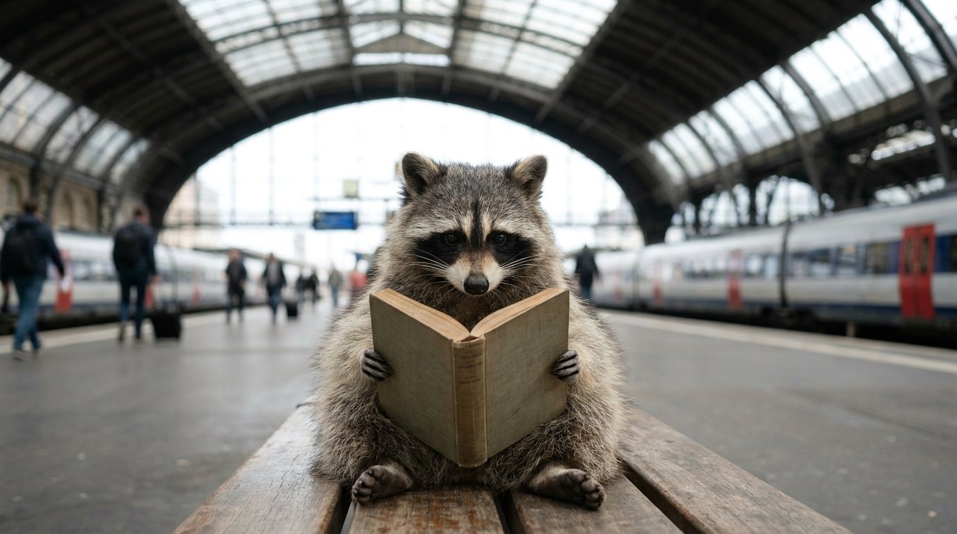 Ein Waschbär liest auf einer Bank in einer großen Bahnhofshalle — moderne Lyrik beginnt oft genau dort, mitten im Alltag