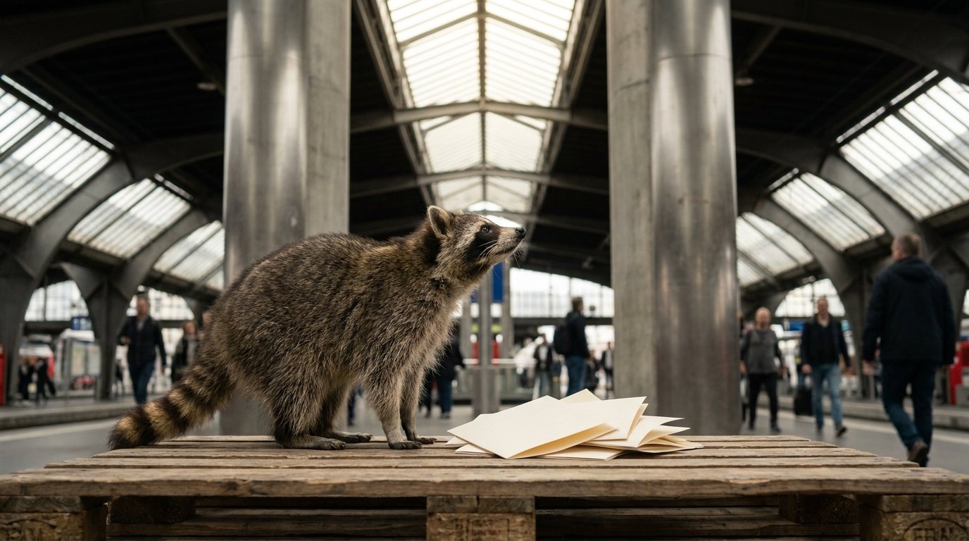 Ein Waschbär und lose Blätter in einer modernen Bahnhofshalle — die Lyrik von heute steht mitten im Getümmel