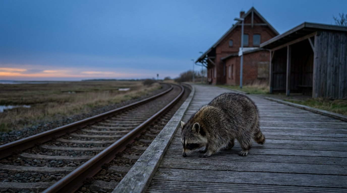 Ein Waschbär steht am Abend auf einem kleinen Landbahnhof im Norden, die Gleise verlieren sich am flachen Horizont