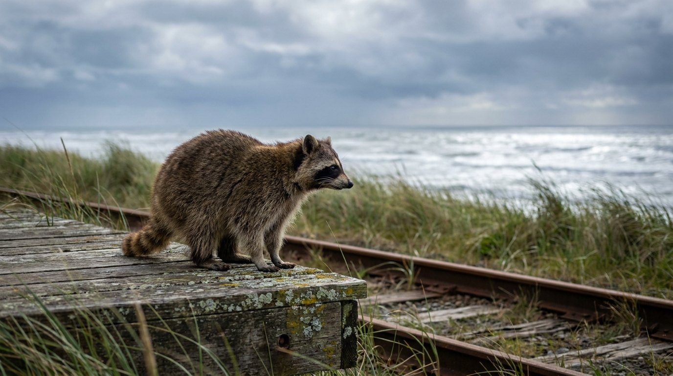 Ein Waschbär sitzt am Gleis unter einem weiten, wolkigen Nordhimmel