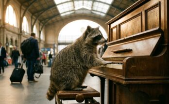 Poetry Slam über Musik: ein Waschbär sitzt an einem alten Klavier in einer Bahnhofshalle