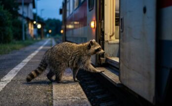 Waschbär setzt die Pfote auf die Trittstufe eines Regionalzugs – Mut statt Talent