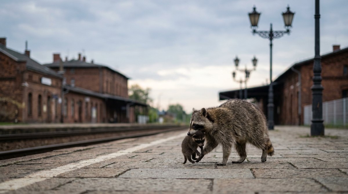 Poetry Slam über die Mutter: eine Waschbärmutter trägt ihr Junges über den Bahnsteig