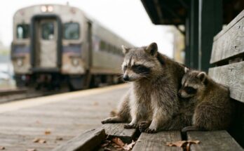 Poetry Slam zum Muttertag: eine Waschbärmutter und ihr Junges sitzen eng beieinander auf dem Bahnsteig