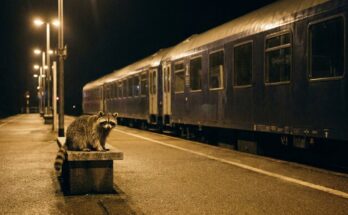 Waschbär nachts auf dem leeren Bahnsteig neben einem dunklen Zug – das Tief nach dem Auftritt