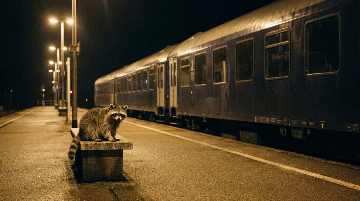 Waschbär nachts auf dem leeren Bahnsteig neben einem dunklen Zug – das Tief nach dem Auftritt