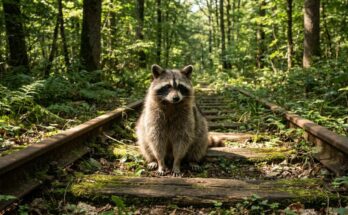 Poetry Slam über Nachhaltigkeit: ein Waschbär sitzt auf einem alten, gepflegten Gleis mitten im Wald