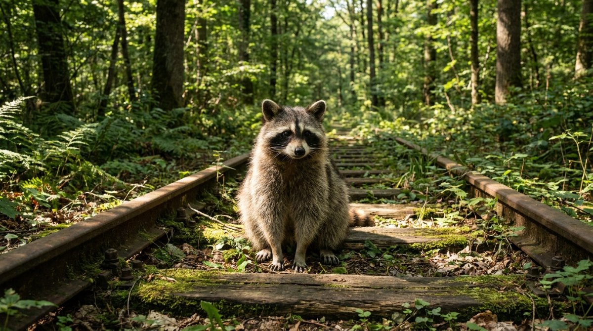 Poetry Slam über Nachhaltigkeit: ein Waschbär sitzt auf einem alten, gepflegten Gleis mitten im Wald