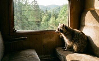 Poetry Slam über die Natur: ein Waschbär schaut aus dem Zugfenster auf eine grüne Waldlandschaft