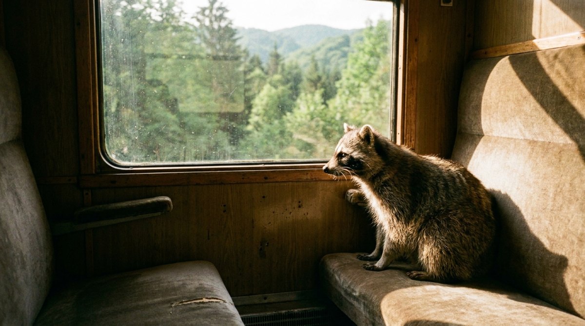 Poetry Slam über die Natur: ein Waschbär schaut aus dem Zugfenster auf eine grüne Waldlandschaft