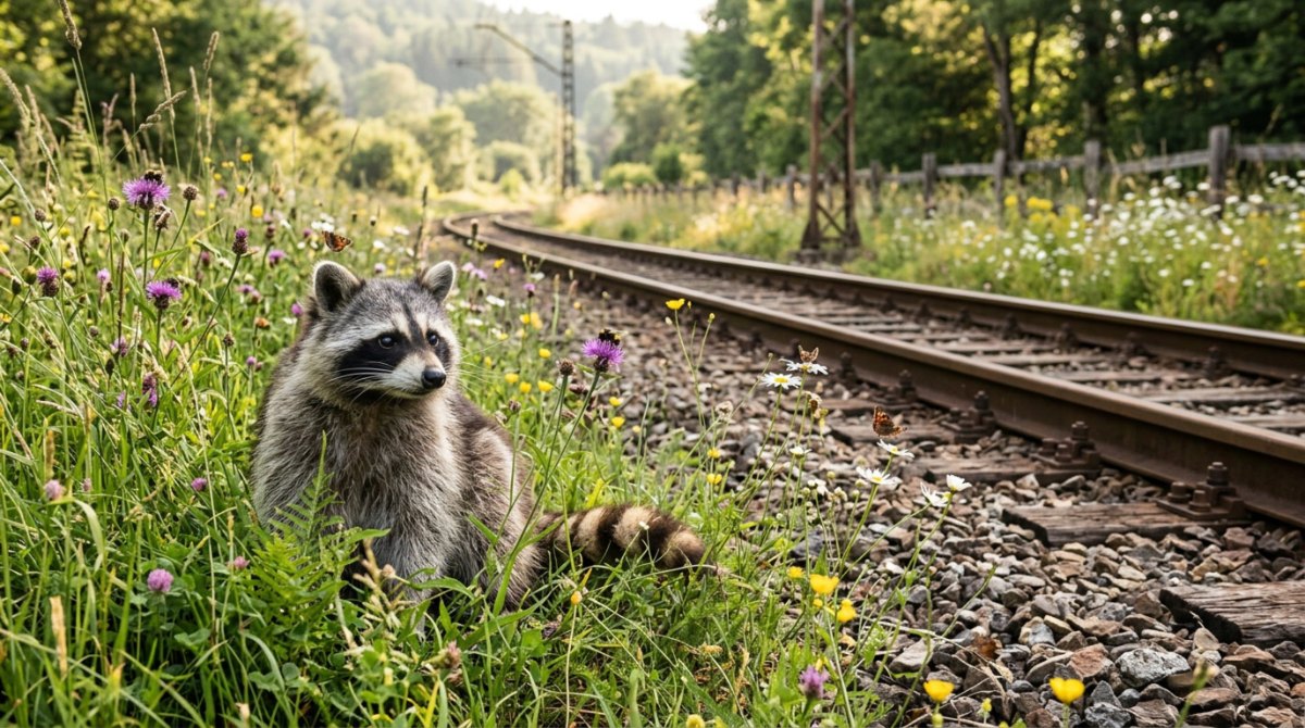 Ein Waschbär sitzt zwischen Wildblumen im hohen Gras direkt an einer Nebenbahn