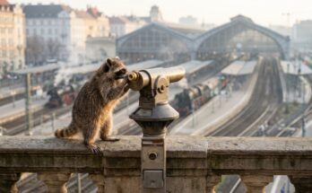 Neid in der Szene: Waschbär schaut durch ein Münzfernrohr auf die Gleise eines großen Bahnhofs