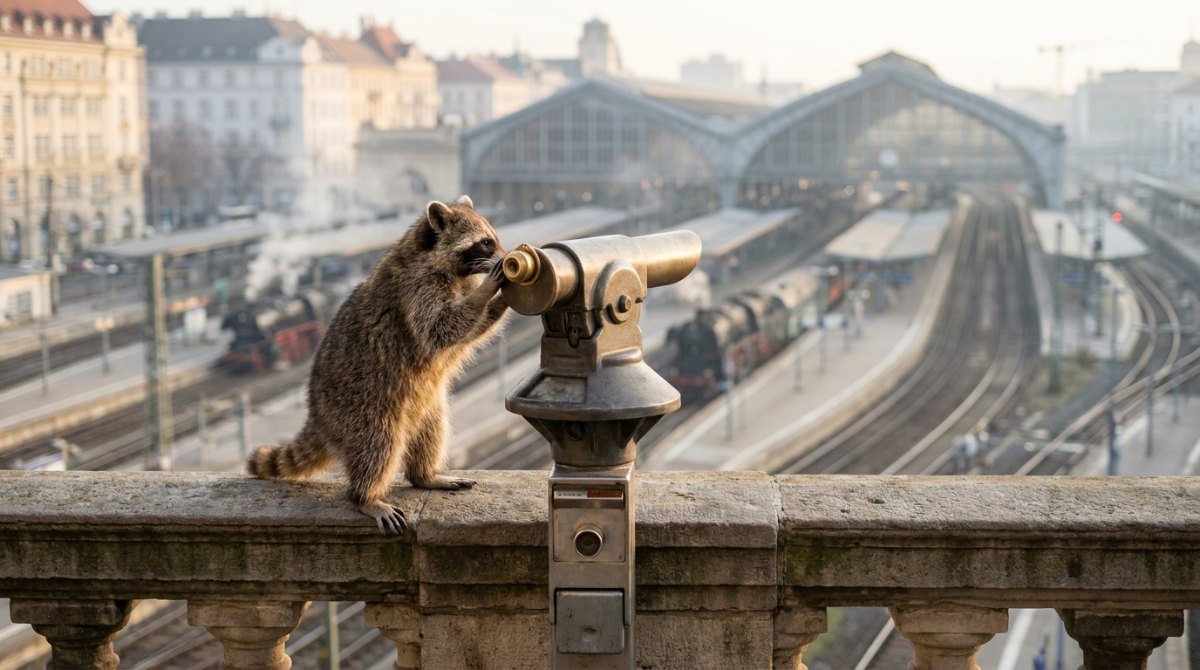 Neid in der Szene: Waschbär schaut durch ein Münzfernrohr auf die Gleise eines großen Bahnhofs