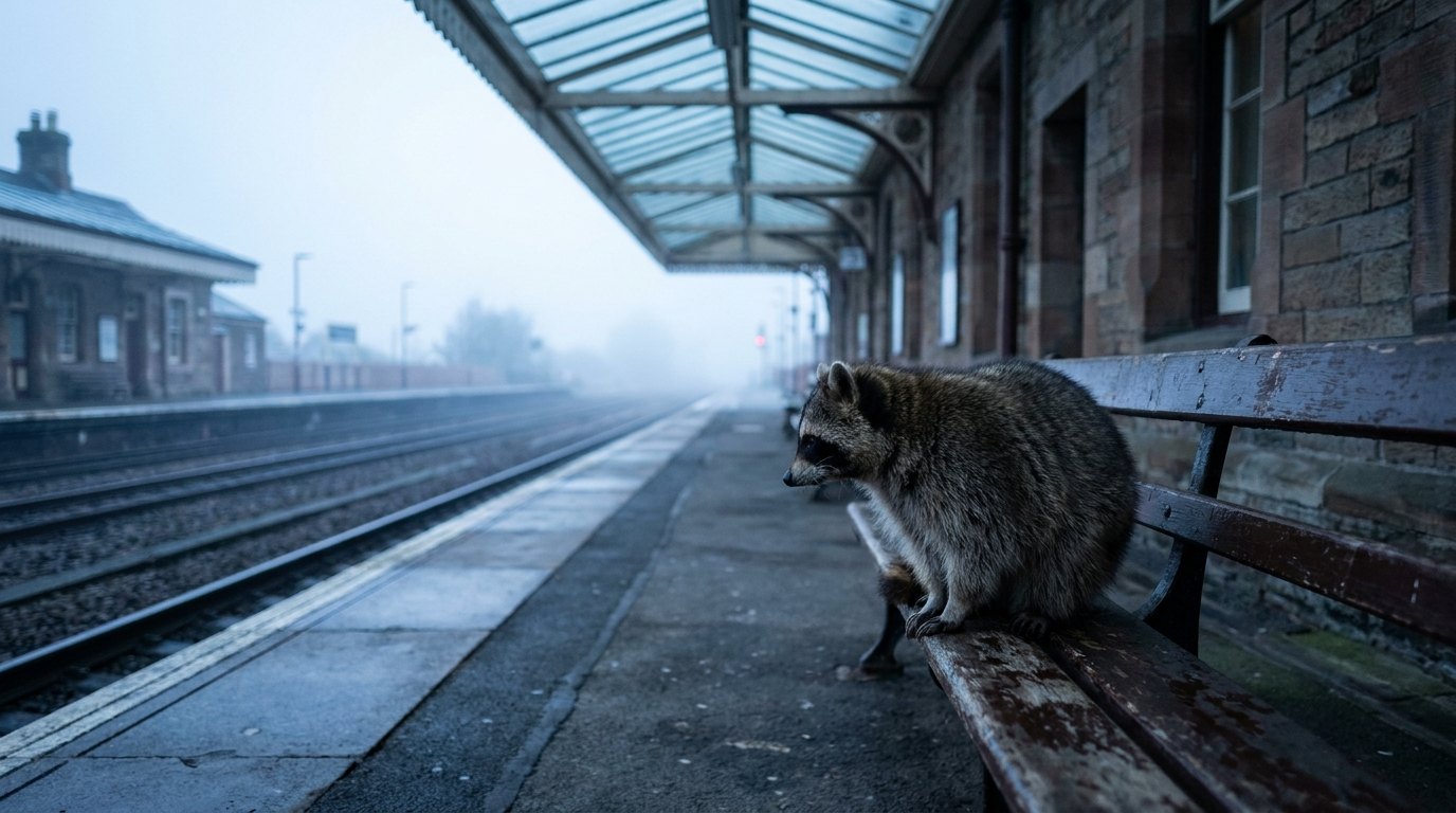 Ein Waschbär sitzt ruhig auf einer Bahnhofsbank und blickt auf die leeren Gleise.