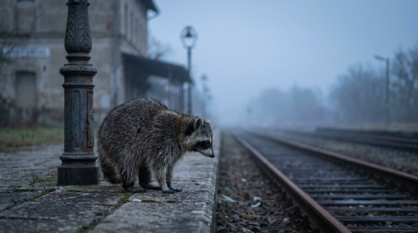 Ein Waschbär steht im Morgenlicht am Rand eines leeren Bahnsteigs.