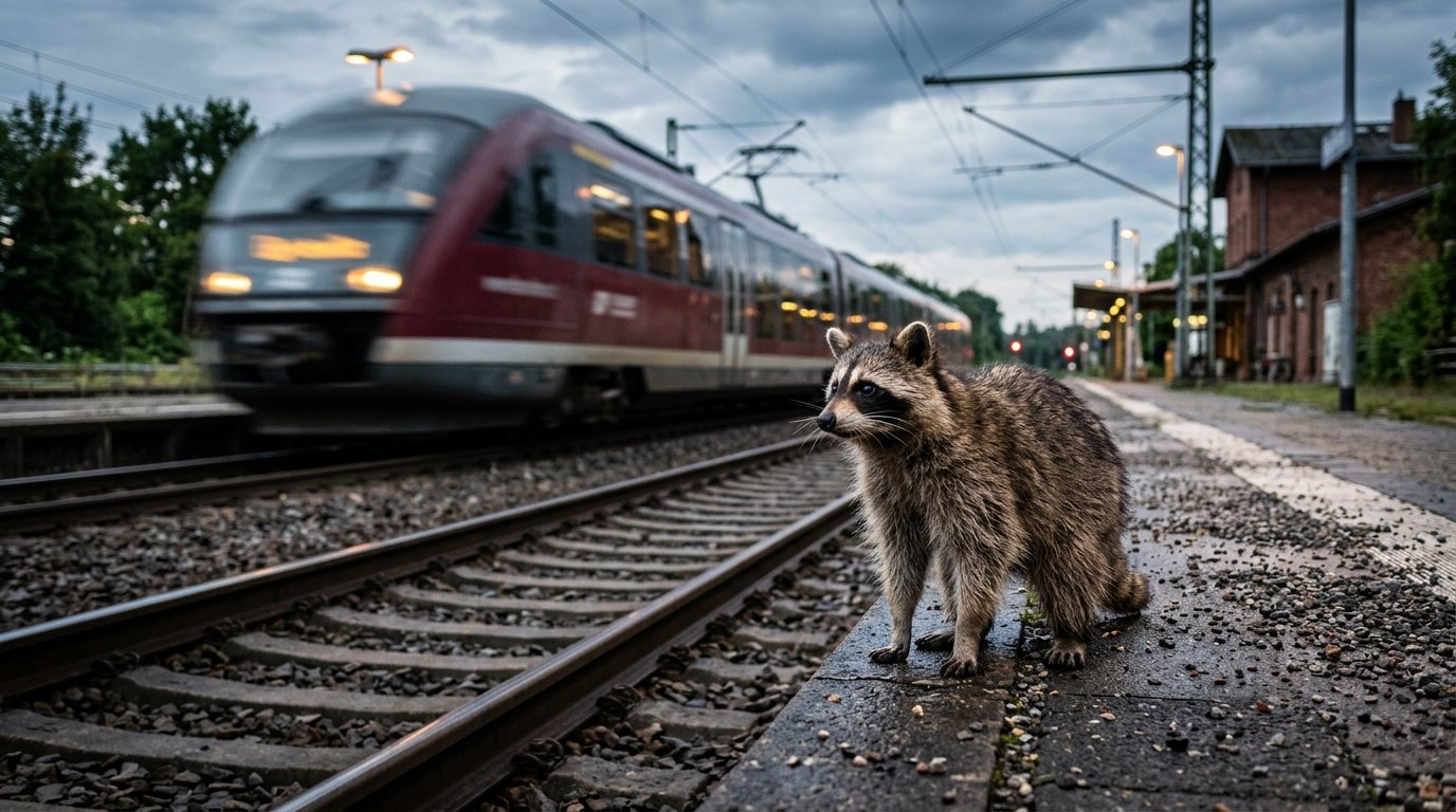 Ein Waschbär steht wachsam am Gleis, während im Hintergrund ein Zug vorbeirauscht