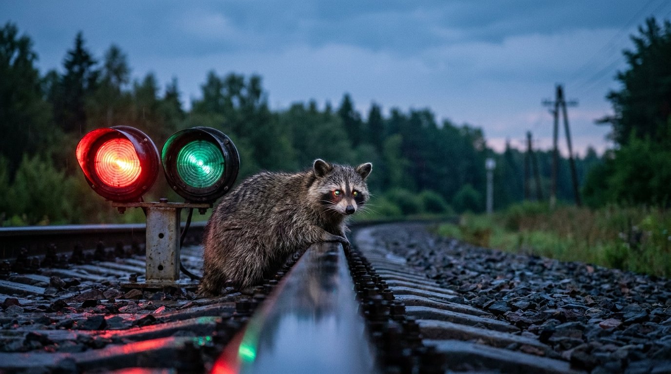 Ein Waschbär sitzt neben bunten Bahnsignallichtern in der Dämmerung