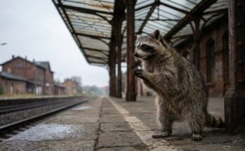 Nervöse Gesten: ein Waschbär steht aufrecht unter einem alten Bahnsteigdach und reibt unruhig die Vorderpfoten aneinander