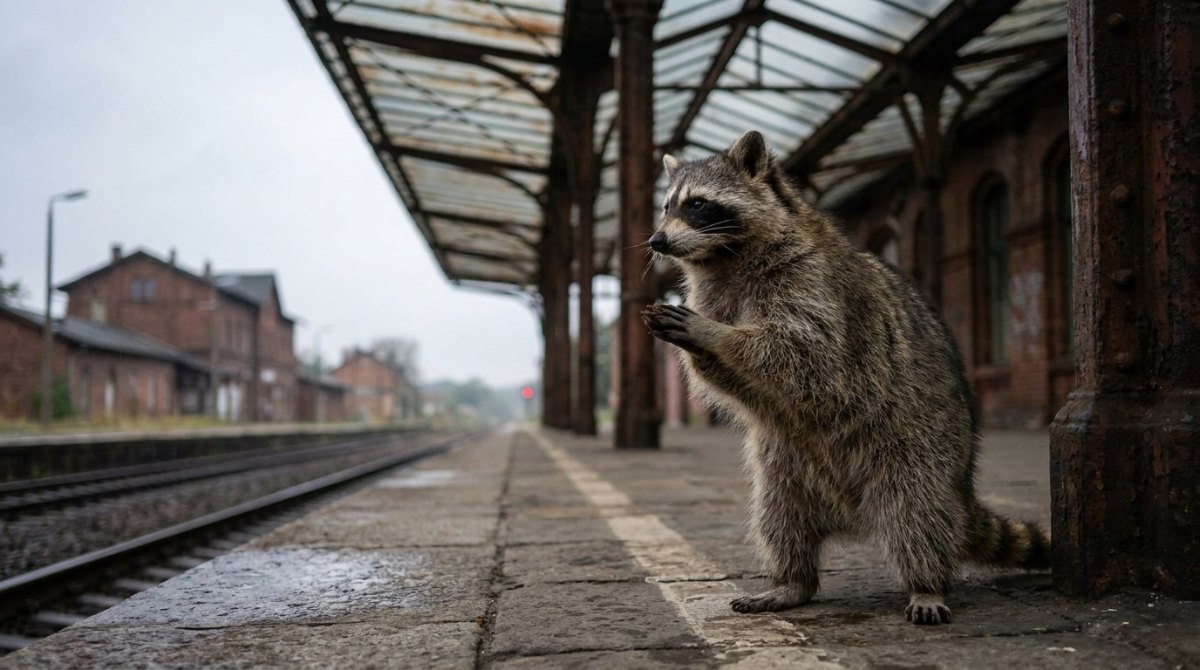 Nervöse Gesten: ein Waschbär steht aufrecht unter einem alten Bahnsteigdach und reibt unruhig die Vorderpfoten aneinander