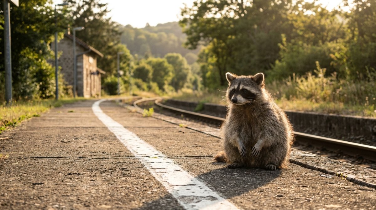 Ein Waschbär sitzt ganz ruhig neben der weißen Sicherheitslinie eines ländlichen Bahnsteigs im Abendlicht
