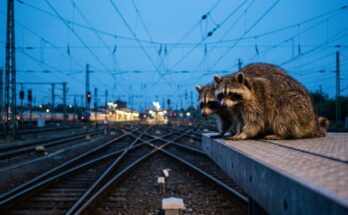 Netzwerk: zwei Waschbären am Bahnsteig eines Knotenbahnhofs mit vielen Gleisen