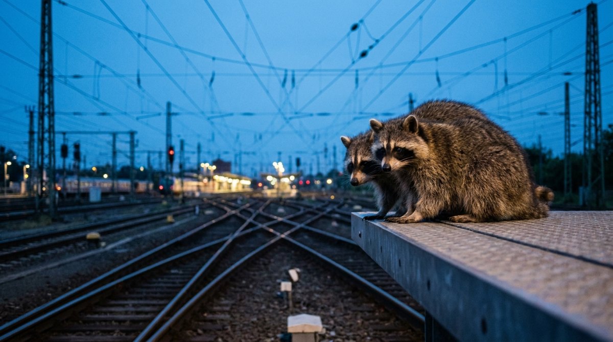 Netzwerk: zwei Waschbären am Bahnsteig eines Knotenbahnhofs mit vielen Gleisen