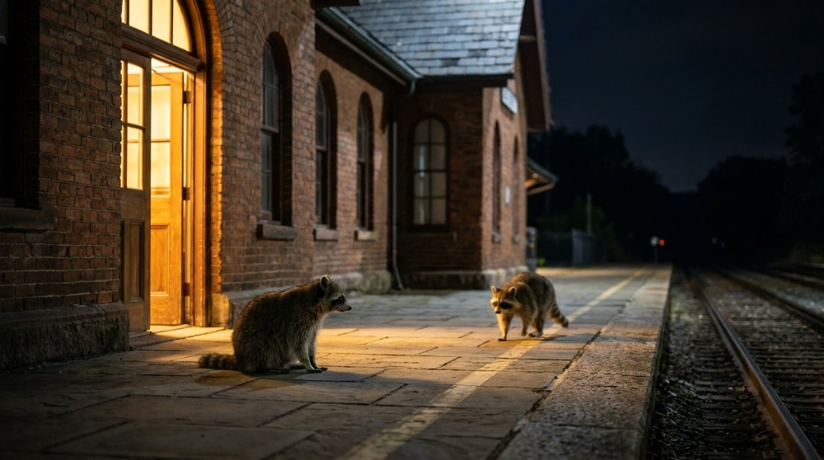 Netzwerk aufbauen: Waschbär vor der beleuchteten Tür eines Bahnhofsgebäudes, ein zweiter kommt dazu