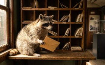 Newsletter aufbauen: Waschbär mit Briefumschlag vor den Sortierfächern eines historischen Bahnpostwagens