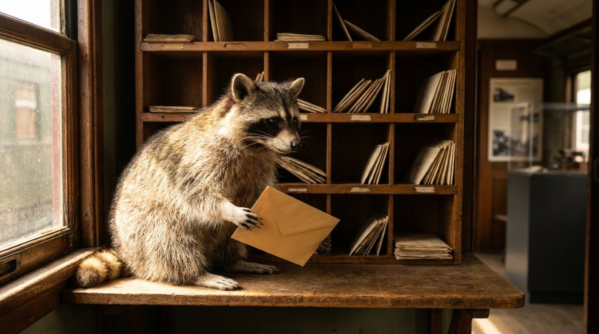 Newsletter aufbauen: Waschbär mit Briefumschlag vor den Sortierfächern eines historischen Bahnpostwagens