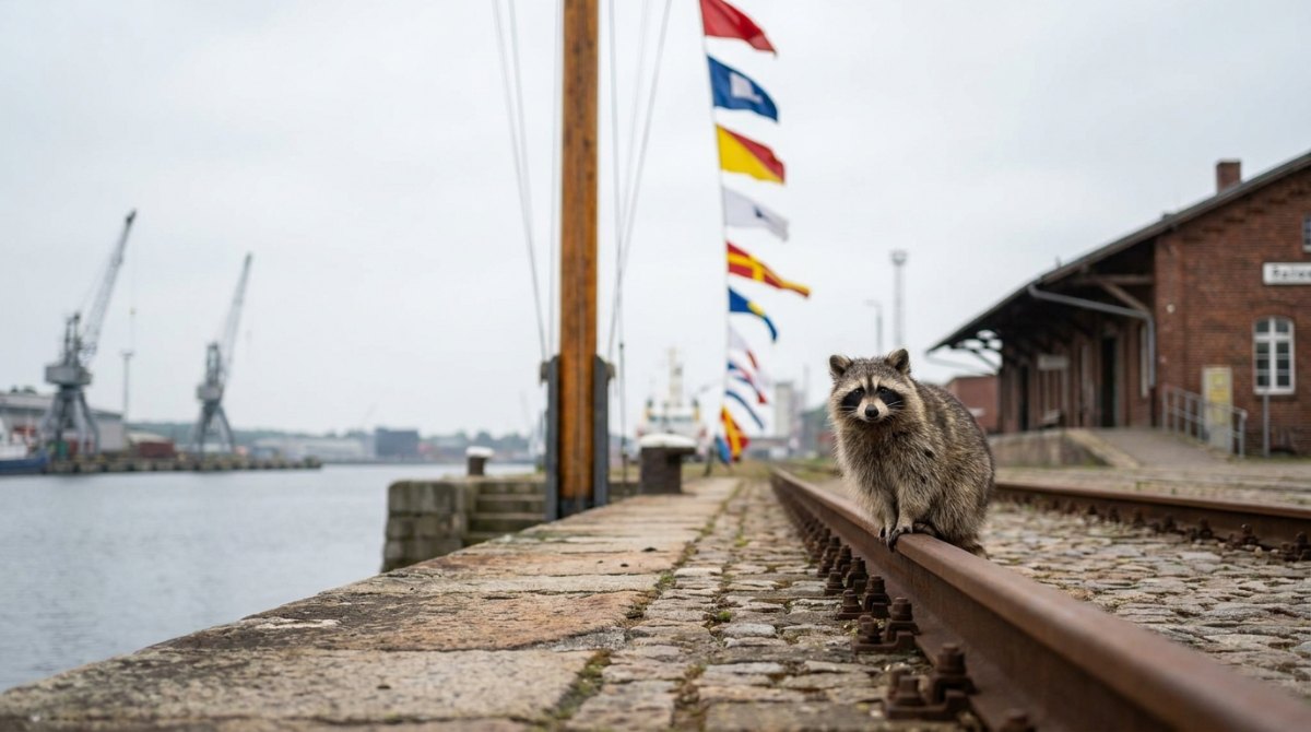 Waschbär an der Hafenbahn unter Signalflaggen – erst Flaggen lesen, dann auf die Bühne oder nicht auf die Bühne