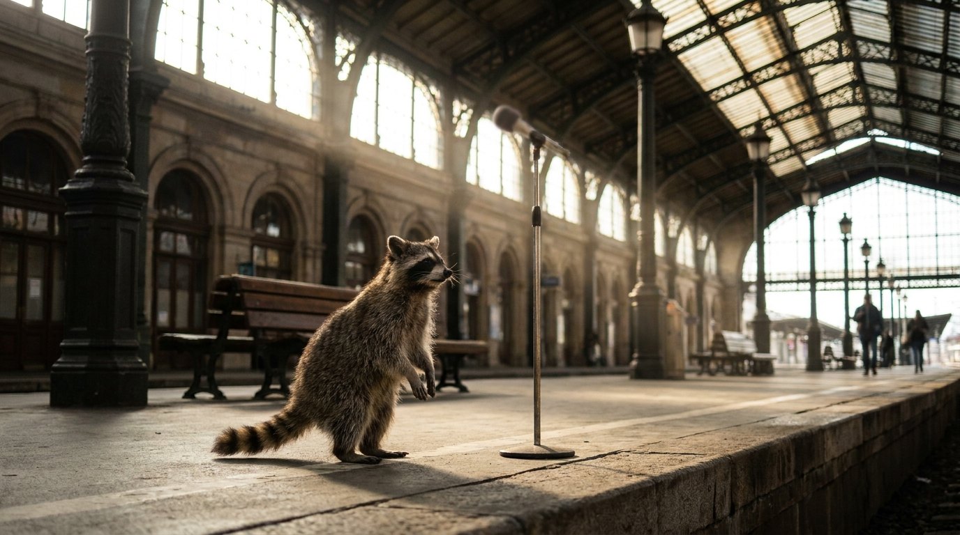 Ein Waschbär steht ausdrucksstark neben einem Mikrofonständer in einer großen Bahnhofshalle
