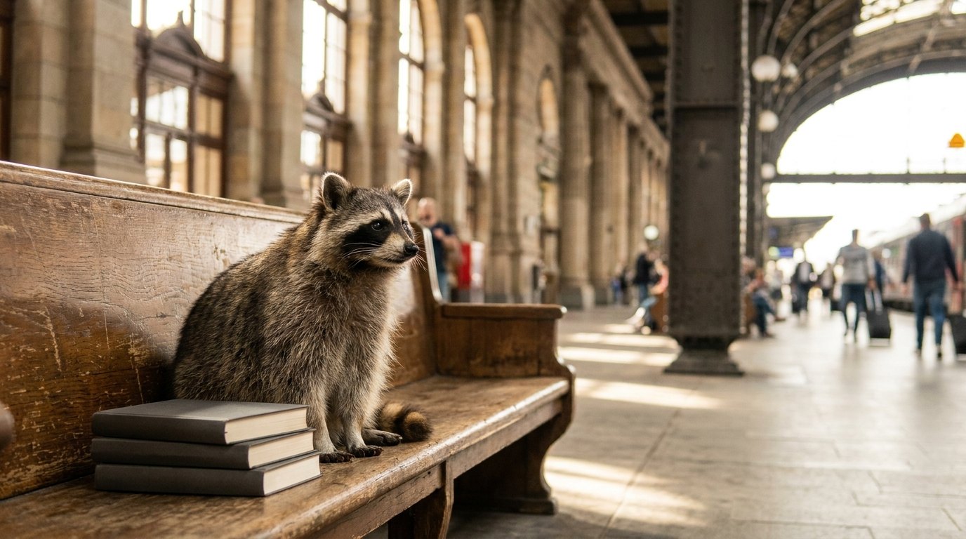 Ein Waschbär sitzt neben einem kleinen Bücherstapel auf einer Bank in der Bahnhofshalle
