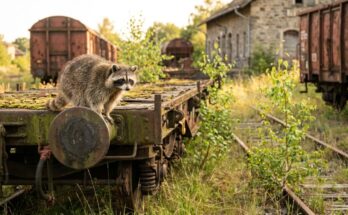 Waschbär auf einem ausgemusterten Güterwagen am zugewachsenen Abstellgleis – Notizen auswerten statt abstellen